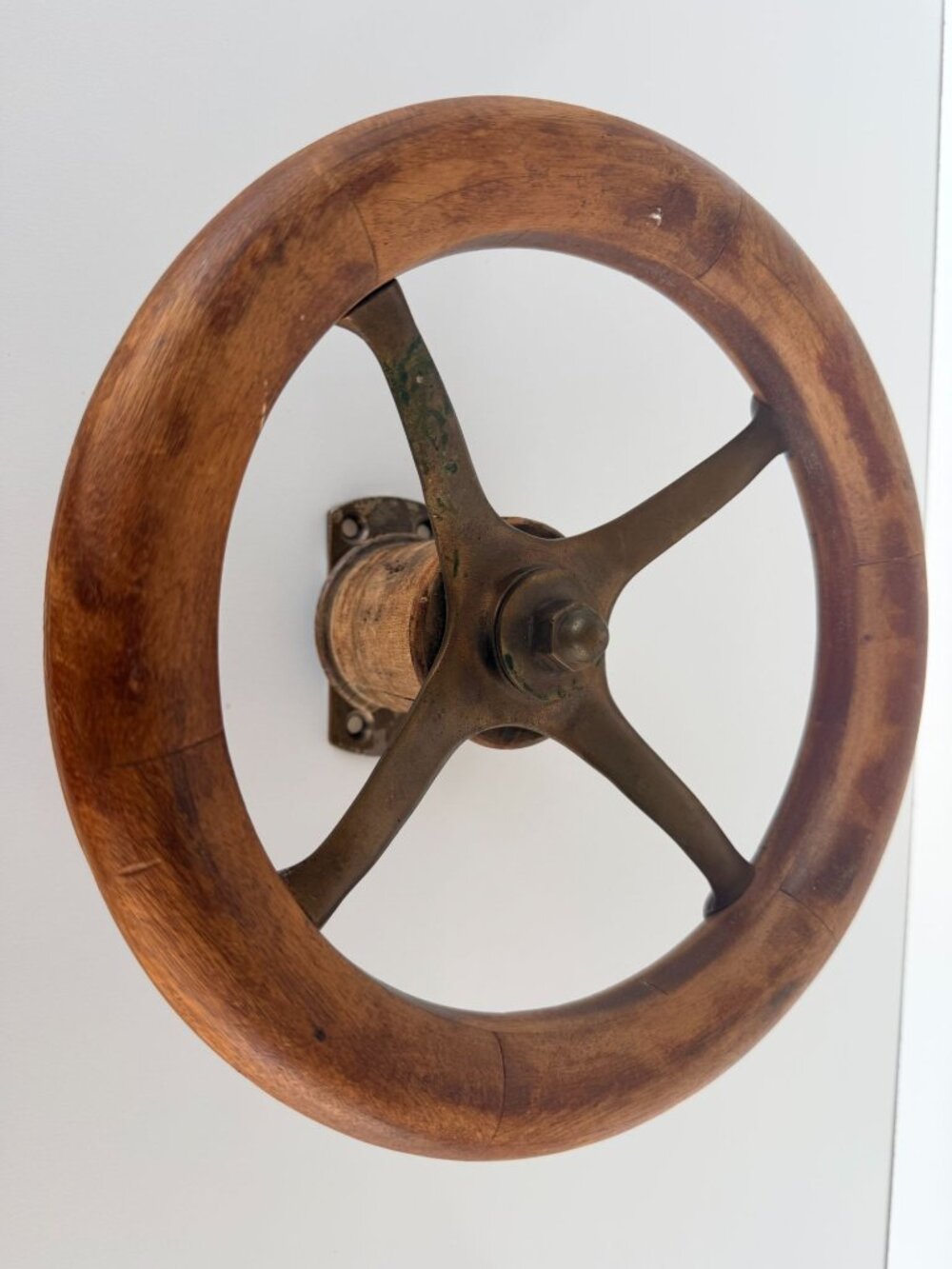 Vintage Wooden & Brass Boat Industrial Machine Steering Wheel Handle 8" Diameter
